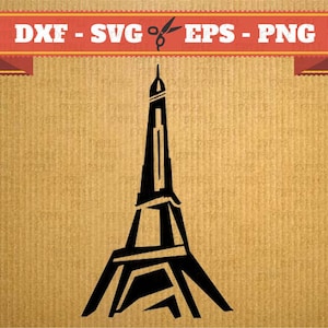Puede incluir: Silueta negra de la Torre Eiffel sobre un fondo beige texturizado. Una pancarta roja en la parte superior muestra el texto "DXF - SVG - EPS - PNG". El diseño es un gráfico vectorial.