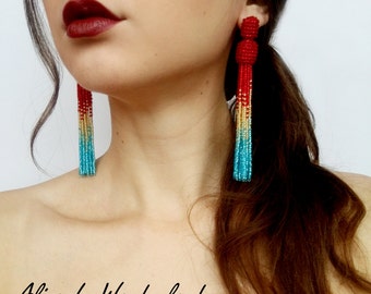 Red tassel earrings boho earrings Oscar de La Renta gold tassel earrings statement earrings beaded tassel earrings gold fringe earrings