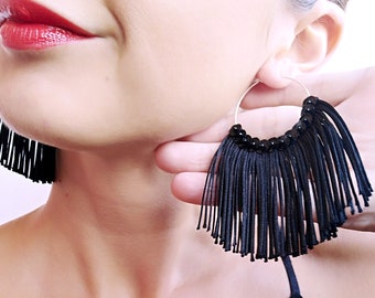 shoulder duster earrings hoop earrings Black Tassel Earrings extra long tassel black fringe earrings statement earrings long dangle earrings