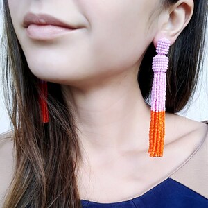 color block earrings Pink tassel earrings Oscar de La Renta earrings beaded tassel earrings statement earrings orange tassel earrings image 1