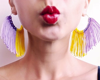 hoop tassel earrings yellow Tassel Earrings  violet tassel earrings fringe earrings statement earrings festival earrings boho hoop earrings