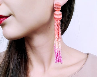 tassel earrings peach beads pink tassel earrings beaded tassel earrings oscar de la renta  fringe earrings long statement earrings