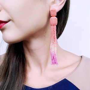 tassel earrings peach beads pink tassel earrings beaded tassel earrings oscar de la renta fringe earrings long statement earrings image 1