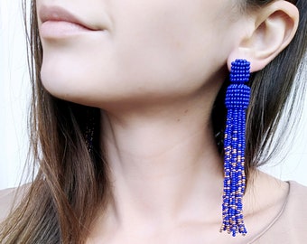 blue tassel earrings shoulder duster earrings fringe earrings  bead tassel earrings gold tassel earrings statement earrings clip on earring