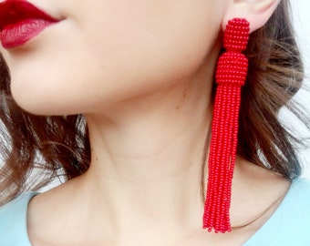 Red tassel earrings, beaded tassel earrings, Ukrainian handmade, stay with Ukraine