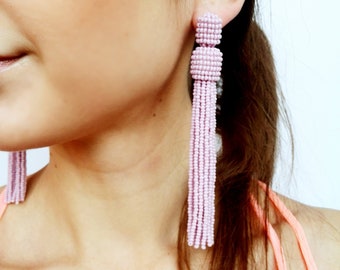 bead tassel earring bridal earrings Oscar de La Renta clip on tassel earring light pink tassel earring pink beaded tassel Ukrainian handmade