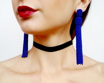 Blue tassel earrings bead tassel earrings Oscar de la renta earring beaded tassel earrings ukraine earrings, ukrainian jewelry