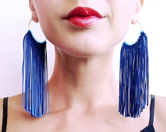 Blue tassel earrings hoop tassel earrings fringe earrings extra long tassel earrings statement earrings boho hoop earrings festival earrings