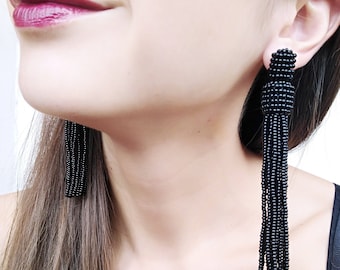 Black tassel earrings, Ukrainian handmade, beaded earrings statement earrings bead tassel earrings long tassel earrings, stay with Ukraine
