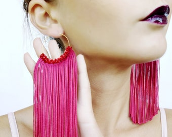 garnet tassel earrings Red tassel earrings hoop tassel earrings hoop earrings chandelier earrings statement earrings fringe hoop earrings