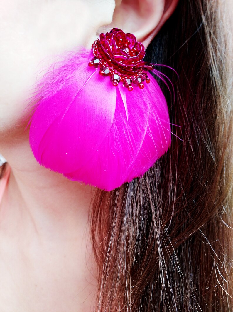 Fuchsia Earrings Large Feather Earrings Fuchsia Statement Etsy