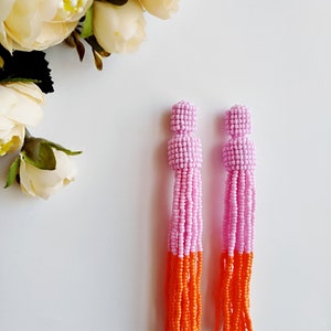 color block earrings Pink tassel earrings Oscar de La Renta earrings beaded tassel earrings statement earrings orange tassel earrings image 3