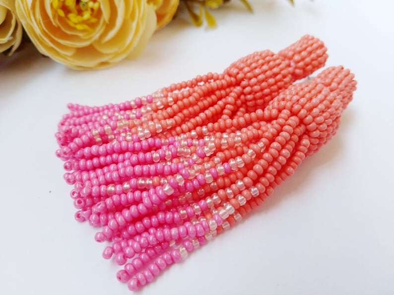 tassel earrings peach beads pink tassel earrings beaded tassel earrings oscar de la renta fringe earrings long statement earrings 7.5 Centimeters