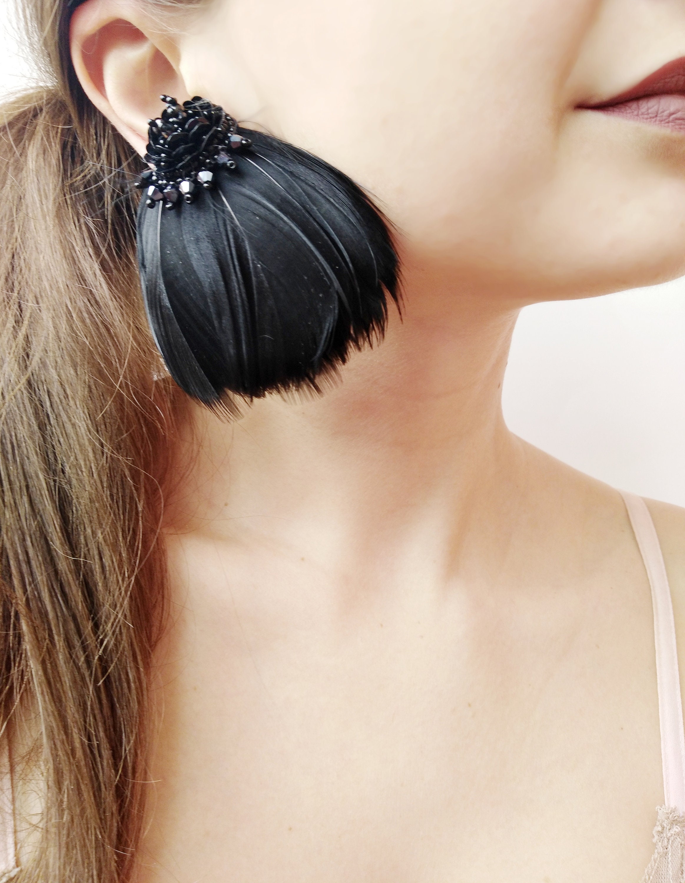 Large black feather earrings feather dangle earrings black Etsy