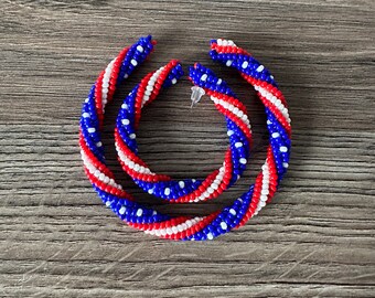 Beaded hoop earrings, big hoop earrings, USA flag earrings, 4th July earrings, patriotic earrings, independence day gift, star and stripes