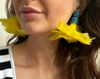 black feather earrings, white feather earrings, real feather earrings, dangle feather earrings, yellow feather earrings,