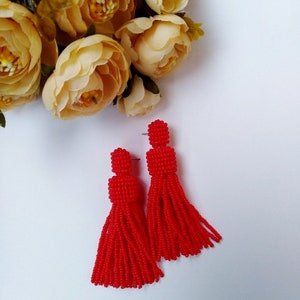 Red tassel earrings, beaded tassel earrings, Ukrainian handmade, stay with Ukraine image 2