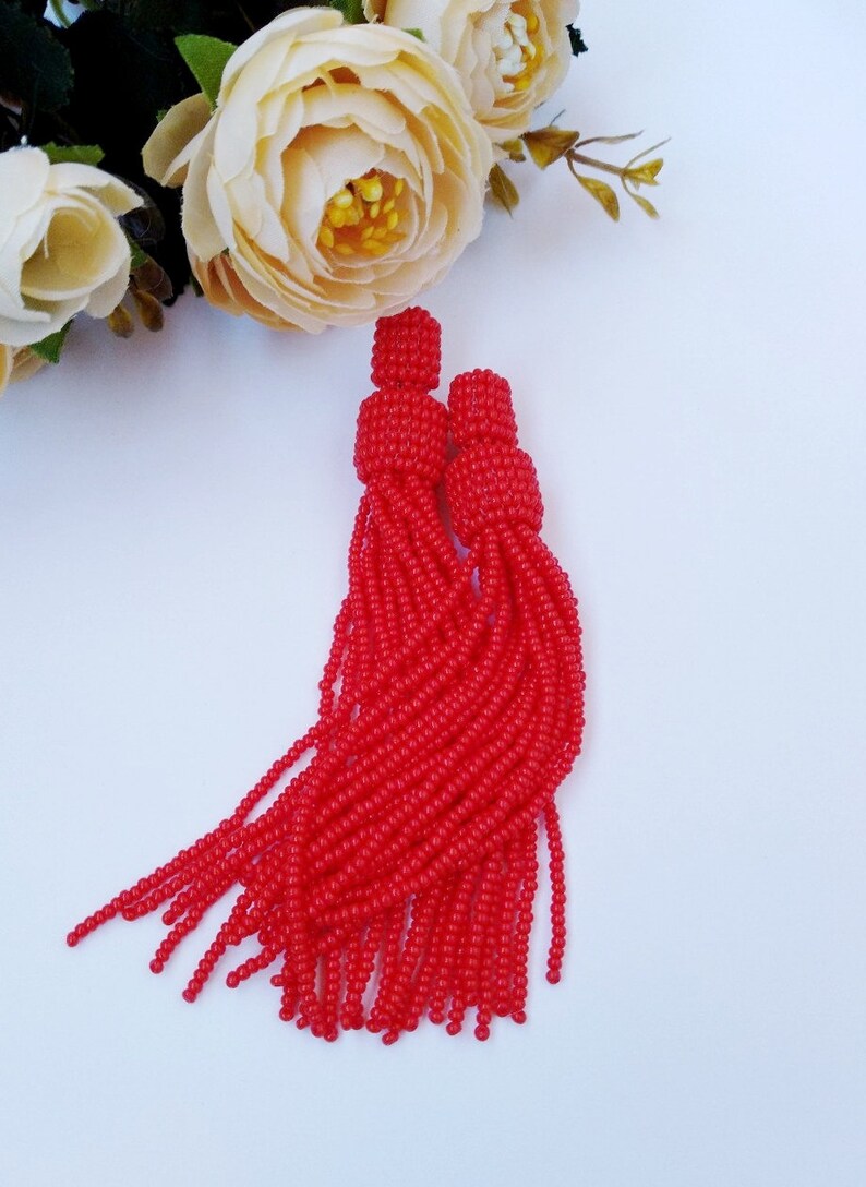 Red tassel earrings, beaded tassel earrings, Ukrainian handmade, stay with Ukraine image 5