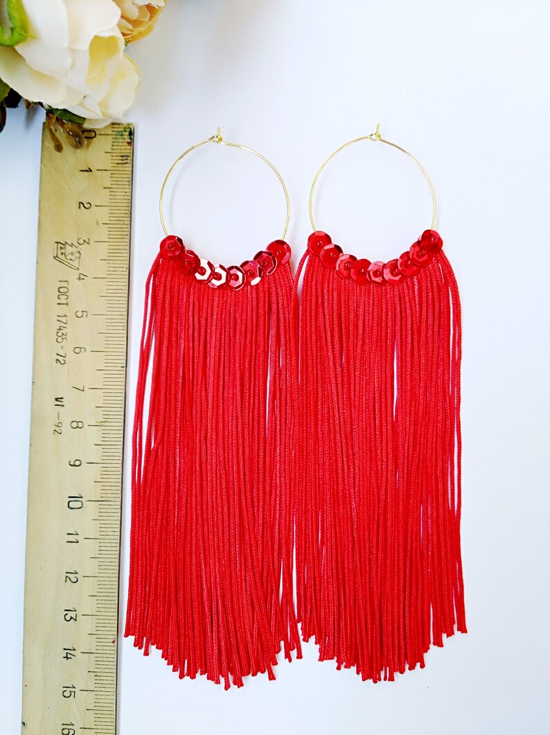 Fringe Earrings Hoop Tassel Earrings Red Tassel Earrings Etsy