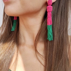 Beaded tassel earrings color block earrings green tassel earrings stud statement earrings pink tassel earrings shoulder duster earrings image 2