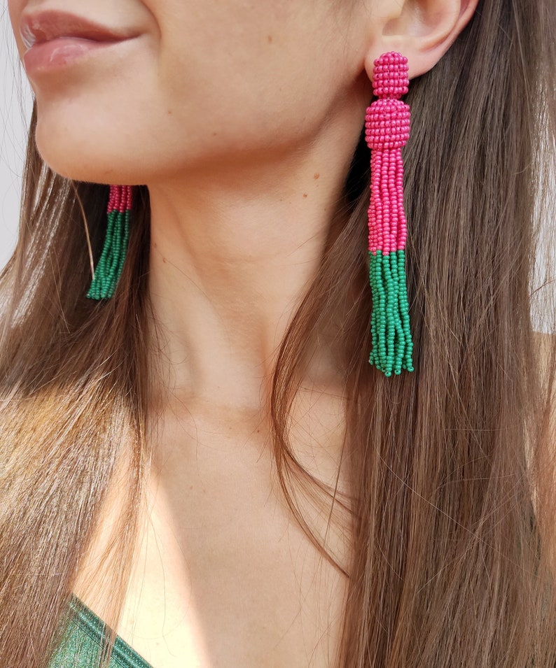 Beaded tassel earrings color block earrings green tassel earrings stud statement earrings pink tassel earrings shoulder duster earrings image 2