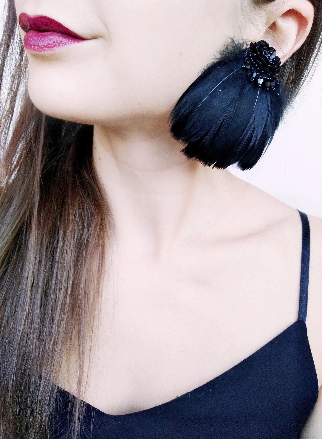 Large Black Feather Earrings Feather Dangle Earrings Black Etsy