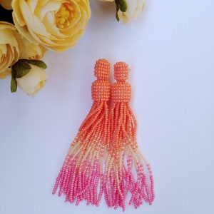 tassel earrings peach beads pink tassel earrings beaded tassel earrings oscar de la renta fringe earrings long statement earrings image 3