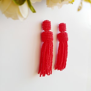 Red tassel earrings, beaded tassel earrings, Ukrainian handmade, stay with Ukraine 7.5 Centimeters