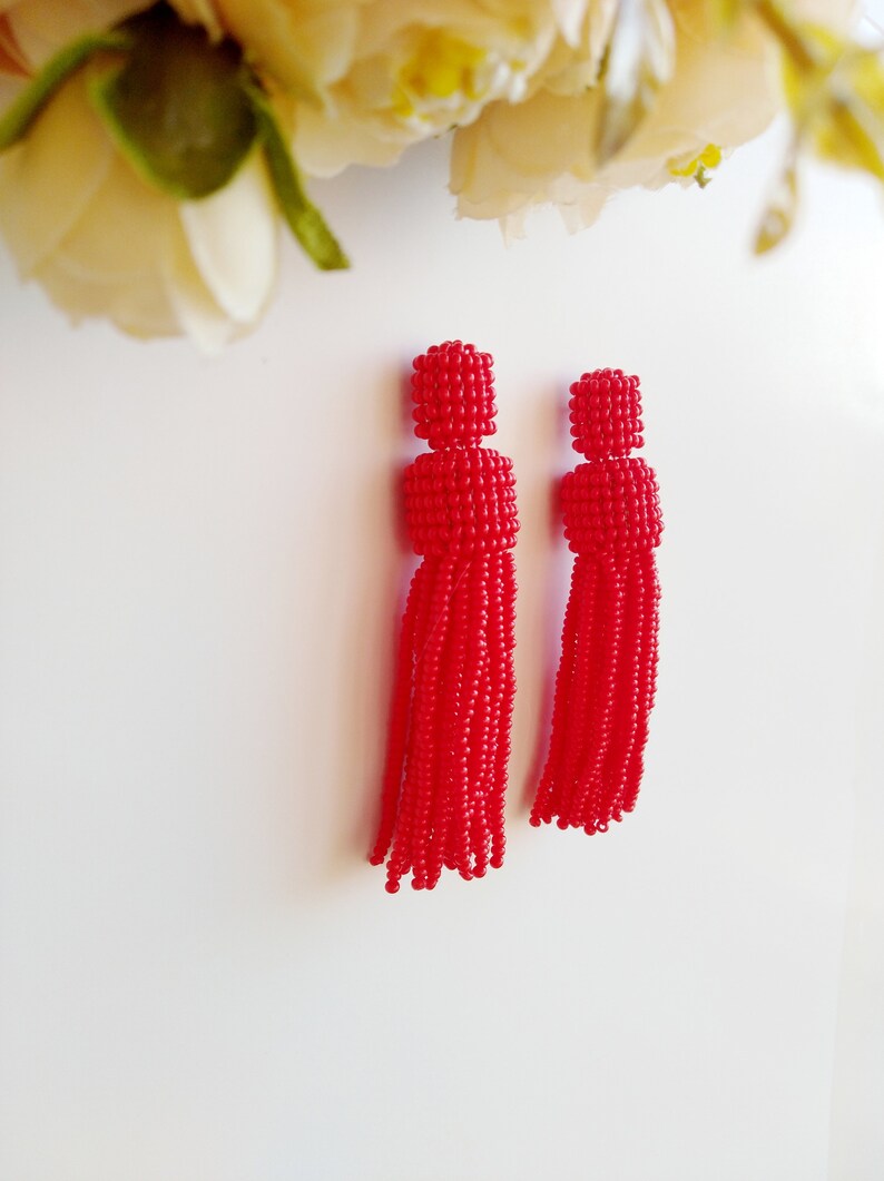 Red tassel earrings, beaded tassel earrings, Ukrainian handmade, stay with Ukraine 7.5 Centimeters