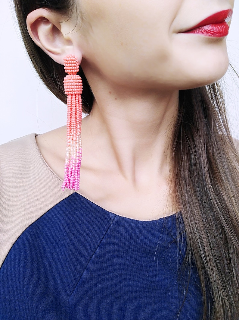 tassel earrings peach beads pink tassel earrings beaded tassel earrings oscar de la renta fringe earrings long statement earrings 11 Centimeters