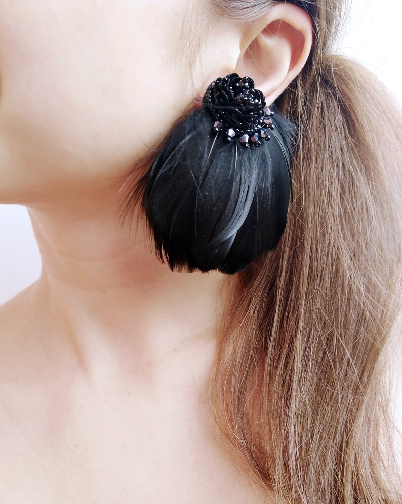 Large Black Feather Earrings Feather Dangle Earrings Black Etsy