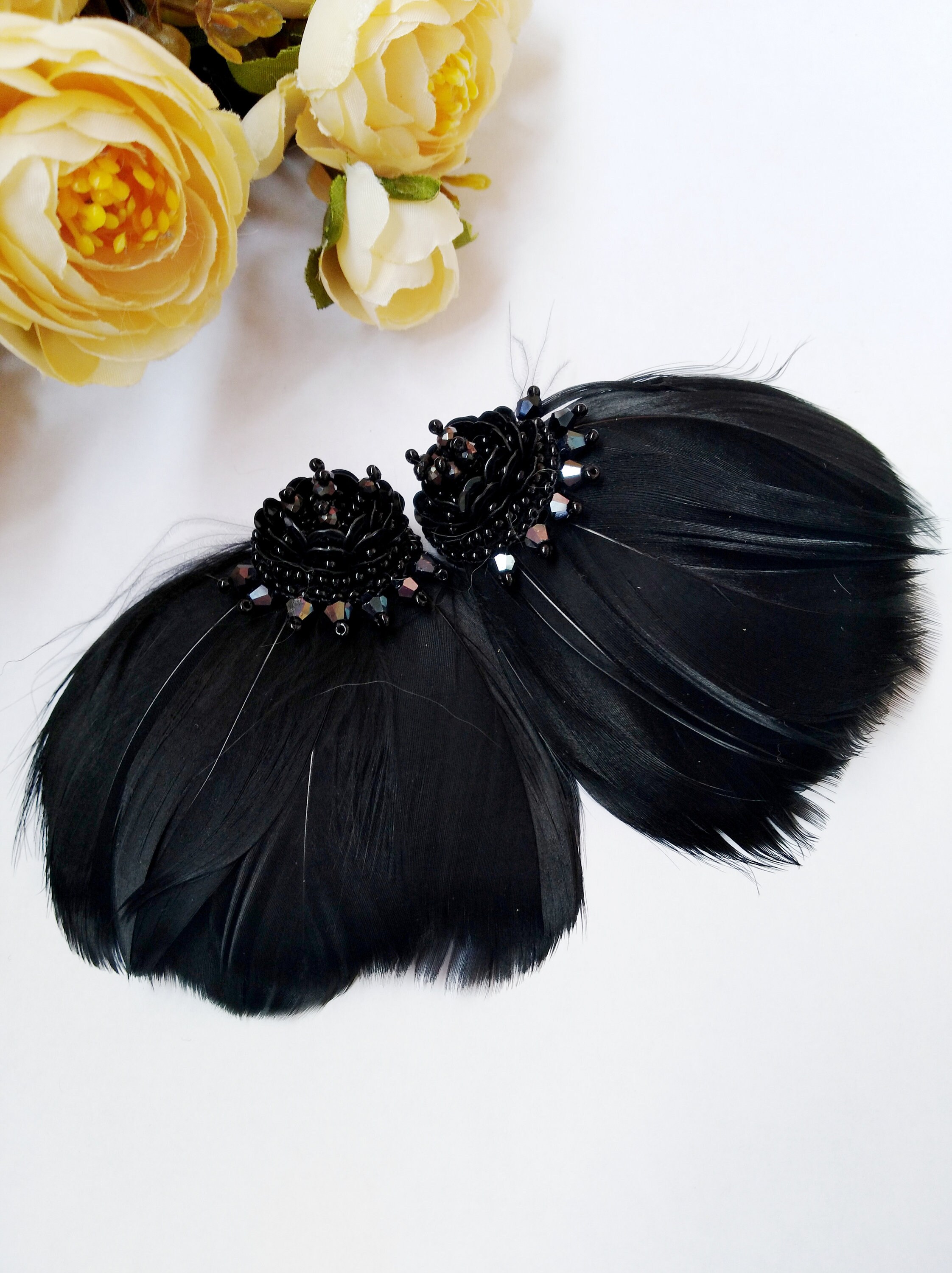 Large black feather earrings feather dangle earrings black Etsy