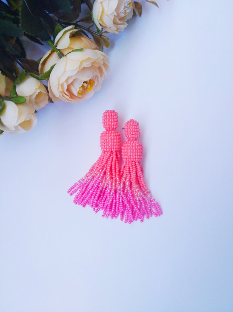 tassel earrings peach beads pink tassel earrings beaded tassel earrings oscar de la renta fringe earrings long statement earrings image 5