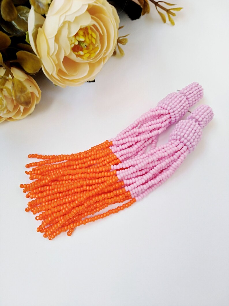 color block earrings Pink tassel earrings Oscar de La Renta earrings beaded tassel earrings statement earrings orange tassel earrings image 4