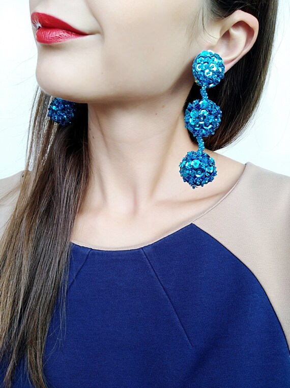 Blue Ball Drops Earrings Sequins Earrings Blue Pompom Earrings | Etsy