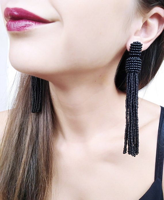 Black beaded 2024 tassel earrings