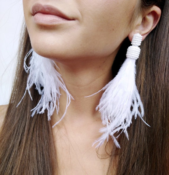 Green Feather Earrings Real Ostrich Feather Dangle Feather - Etsy | Feather  earrings, Extra long earrings, White tassel earrings