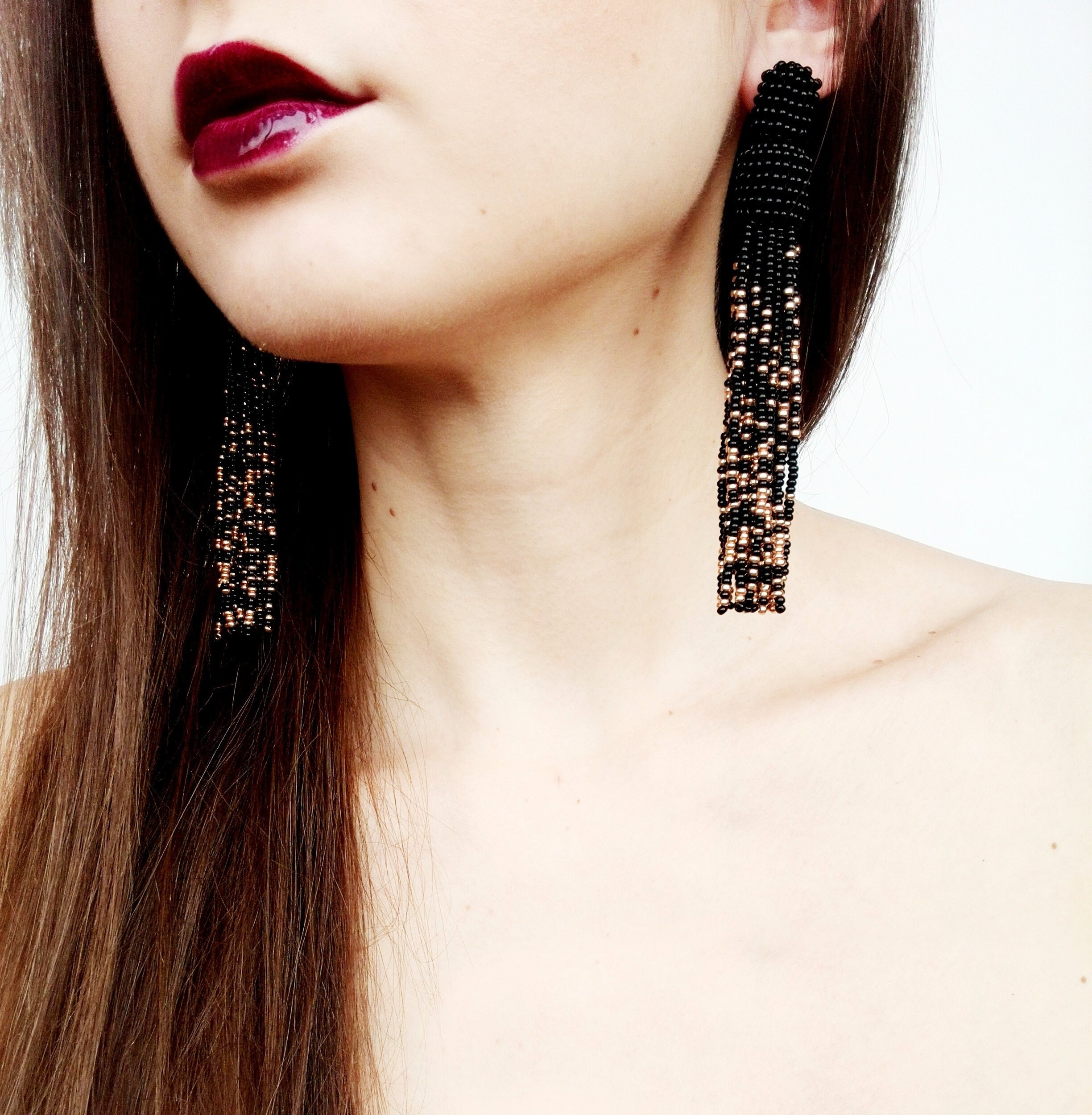 Black tassel earrings gold tassel earrings black and gold Etsy