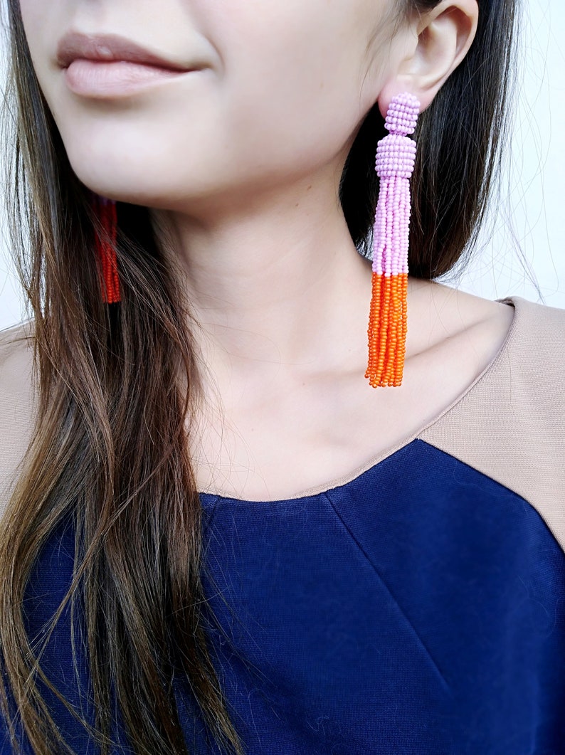 color block earrings Pink tassel earrings Oscar de La Renta earrings beaded tassel earrings statement earrings orange tassel earrings image 1