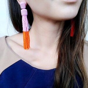 color block earrings Pink tassel earrings Oscar de La Renta earrings beaded tassel earrings statement earrings orange tassel earrings image 2