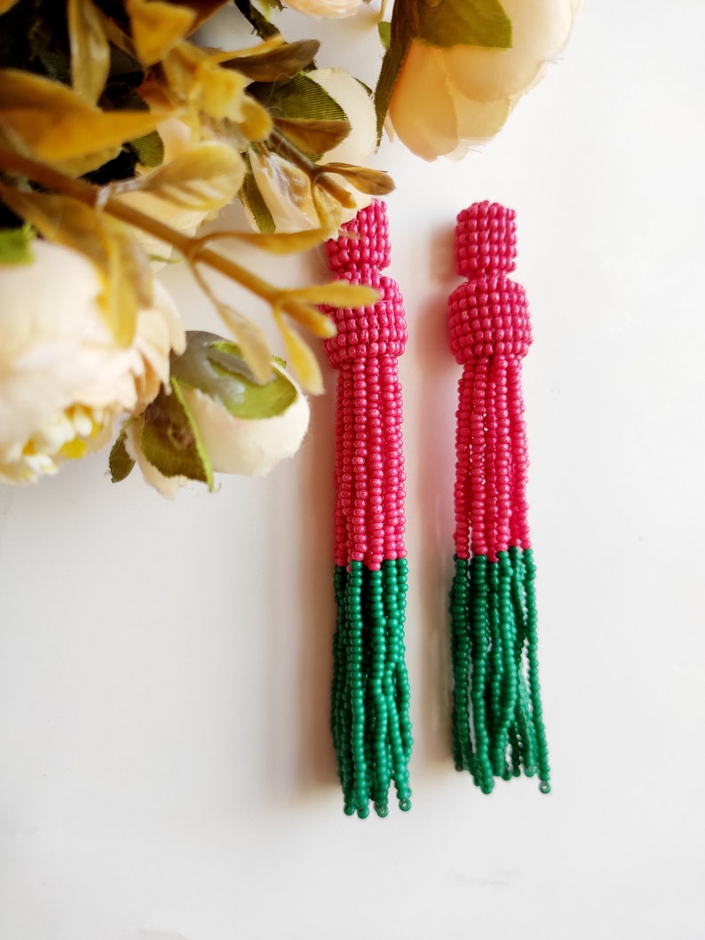 Beaded tassel earrings color block earrings green tassel earrings stud statement earrings pink tassel earrings shoulder duster earrings image 4