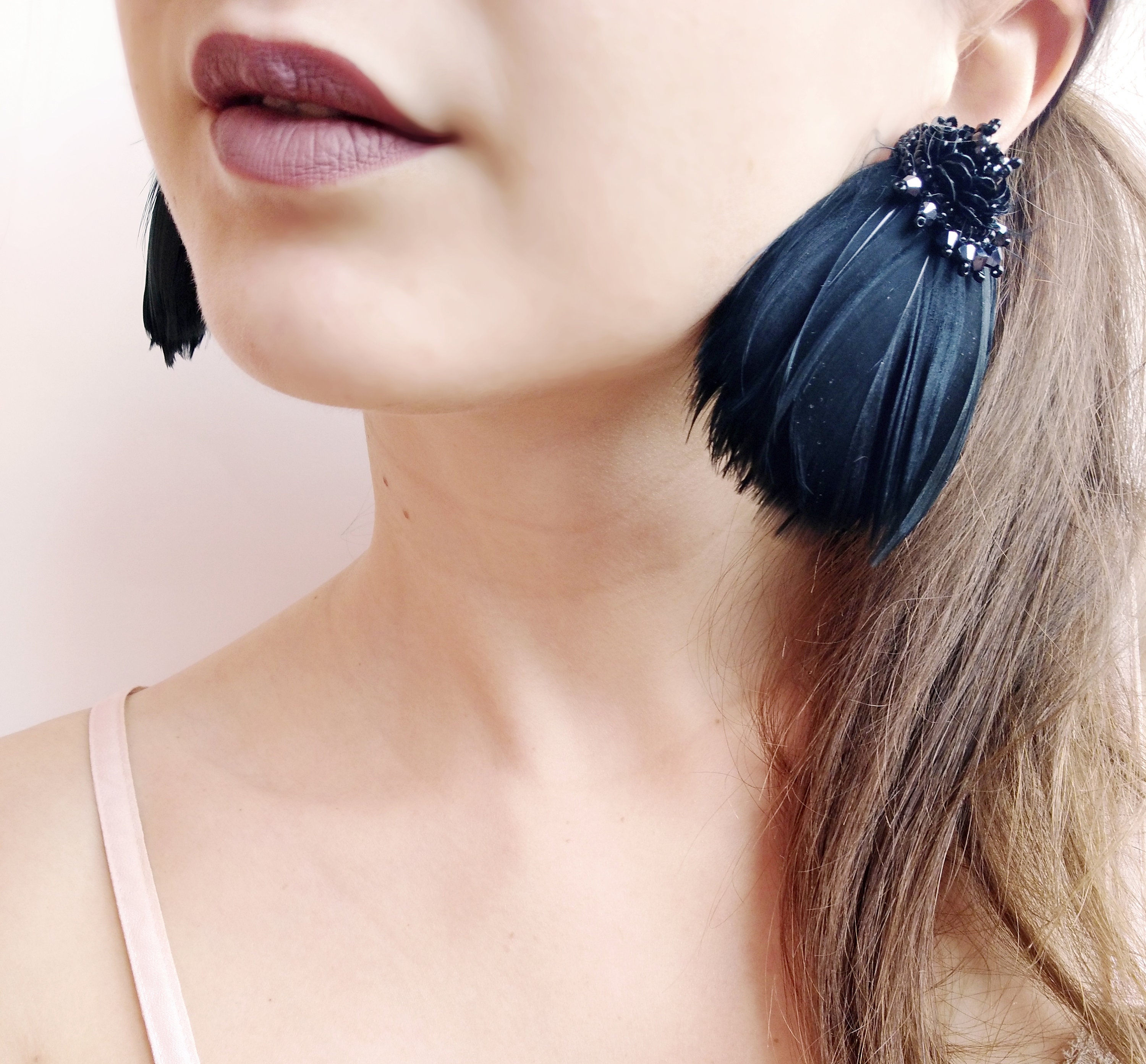 Large Black Feather Earrings Feather Dangle Earrings Black Etsy