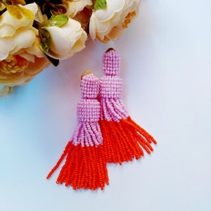 color block earrings Pink tassel earrings Oscar de La Renta earrings beaded tassel earrings statement earrings orange tassel earrings image 6