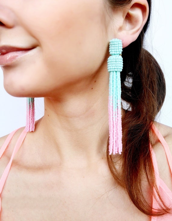 Light Pink Tassel Earrings Bead Tassel Earring Oscar De La Renta Earring Clip on Earring Statement Earring Pale Pink Tassel Earrings Etsy Australia