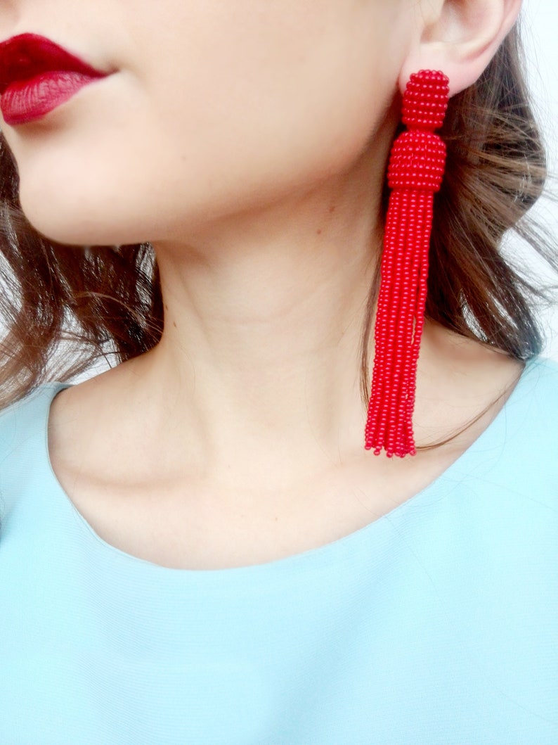 Red tassel earrings, beaded tassel earrings, Ukrainian handmade, stay with Ukraine 11 Centimeters