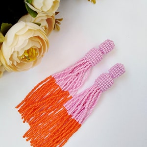 color block earrings Pink tassel earrings Oscar de La Renta earrings beaded tassel earrings statement earrings orange tassel earrings image 5