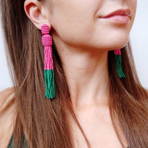 Beaded tassel earrings color block earrings green tassel earrings stud statement earrings pink tassel earrings shoulder duster earrings image 3