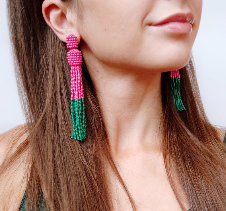 Beaded tassel earrings color block earrings green tassel earrings stud statement earrings pink tassel earrings shoulder duster earrings image 3