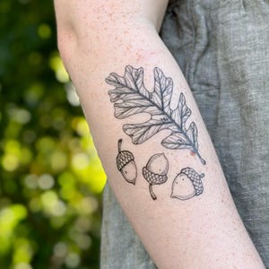 Könnte beinhalten: Schwarz-weiß Tattoo eines Eichenblattes und drei Eicheln auf einem Arm. Das Tattoo ist detailliert mit feinen Linien, die die natürlichen Formen des Blattes und der Eicheln zeigen. Am Arm ist ein silbernes Armband zu sehen.