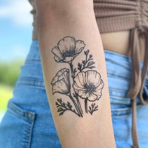 Poppy Flower Temporary Tattoo, Golden Poppy, Black Ink Tattoo Design, Floral Tattoo, Wild Flower, California Poppy, Nature Gift